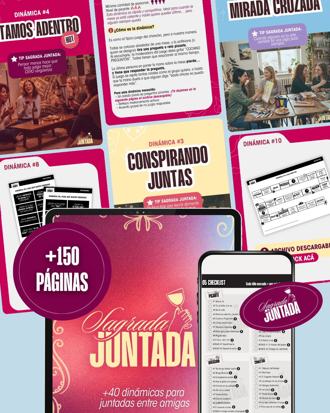 Collage de páginas del ebook Sagrada Juntada: dinámicas, checklist y mockups en tablet y celular